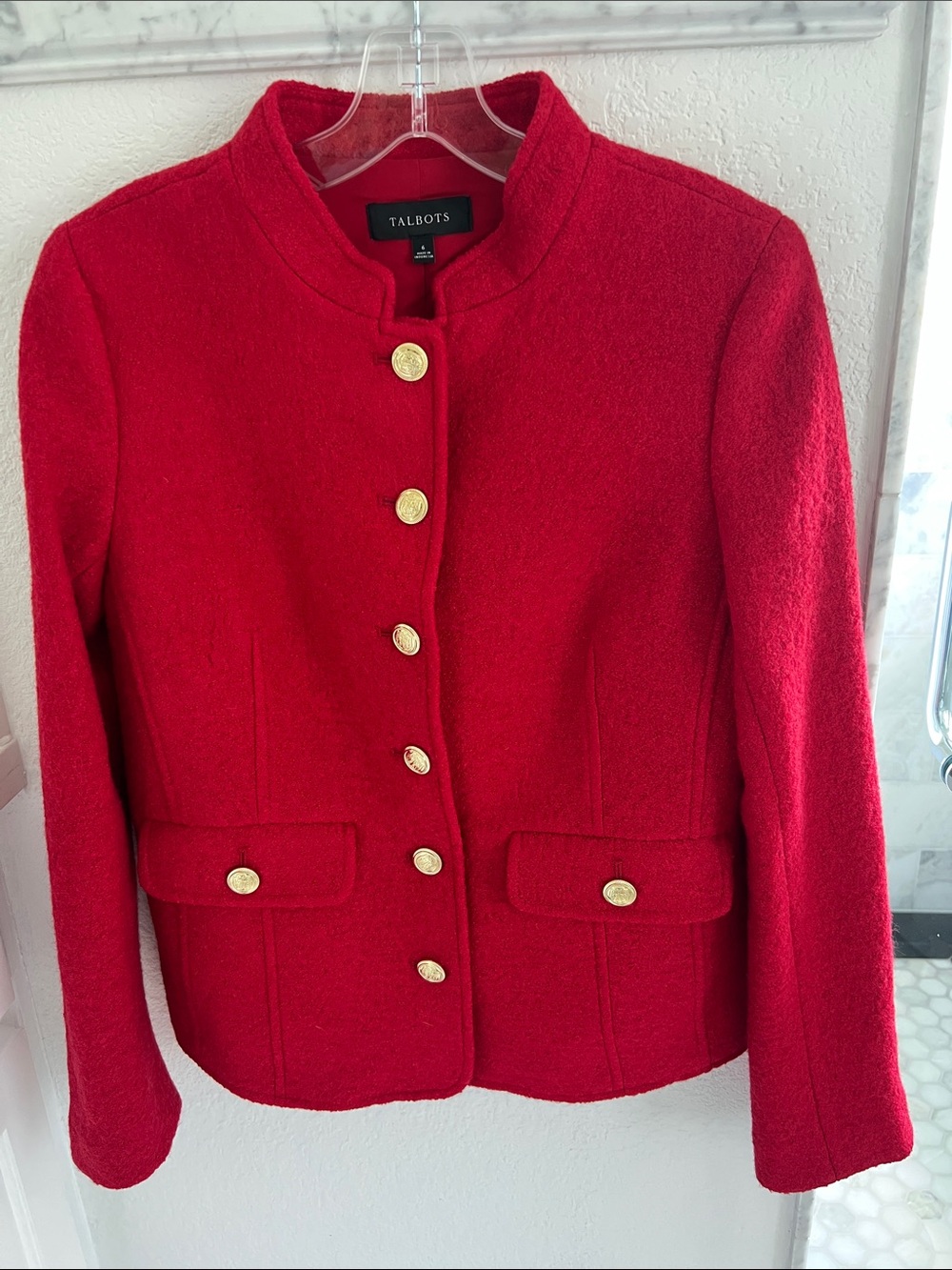 Talbots Bright Red Wool-Blend Stand Collar Blazer with Gold Buttons